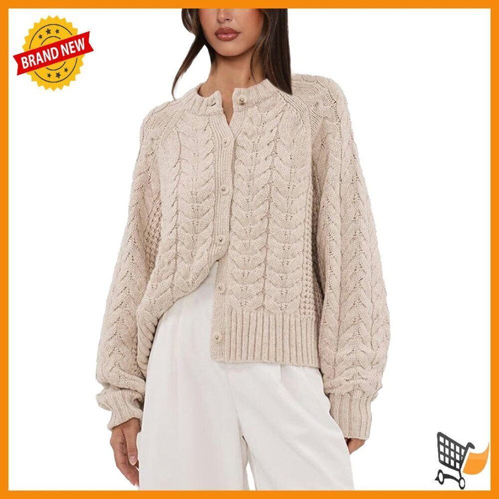 Cable Knit Cardigan Open Front Sweater Loose Fit Long Sleeve Button
